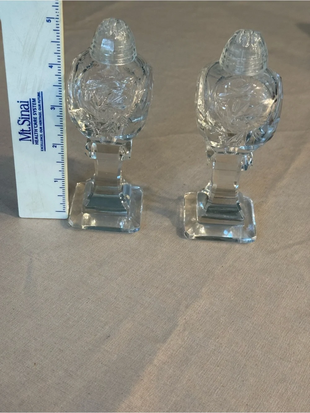 Vintage Cut Crystal Salt and Pepper Shaker Set with Glass tops Clear 5”